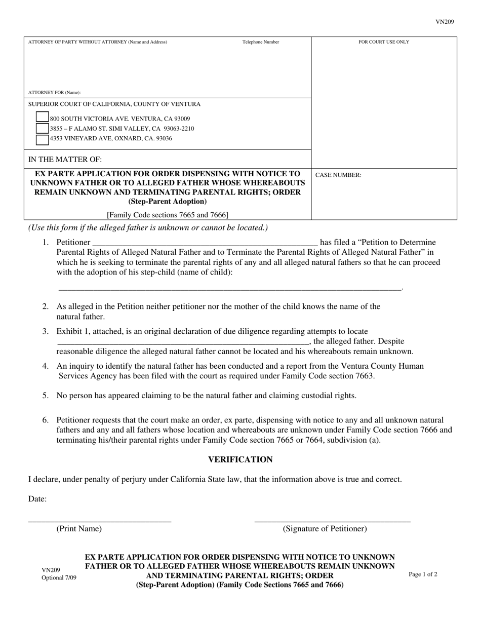 Form VN209 Ex Parte Application for Order Dispensing With Notice to Unknown Father or to Alleged Father Whose Whereabouts Remain Unknown and Terminating Parental Rights; Order (Step-Parent Adoption) - County of Ventura, California, Page 1