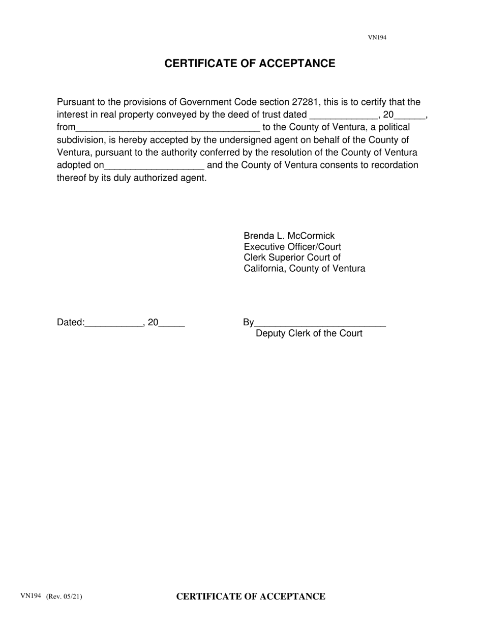 Form VN194 Certificate of Acceptance - County of Ventura, California, Page 1