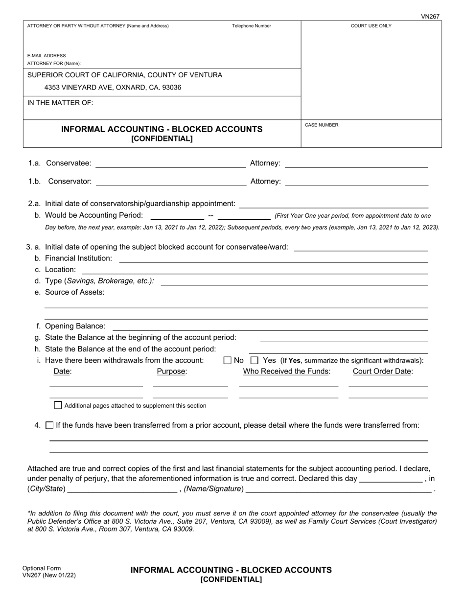 Form VN267 Informal Accounting - Blocked Accounts (Confidential) - County of Ventura, California, Page 1