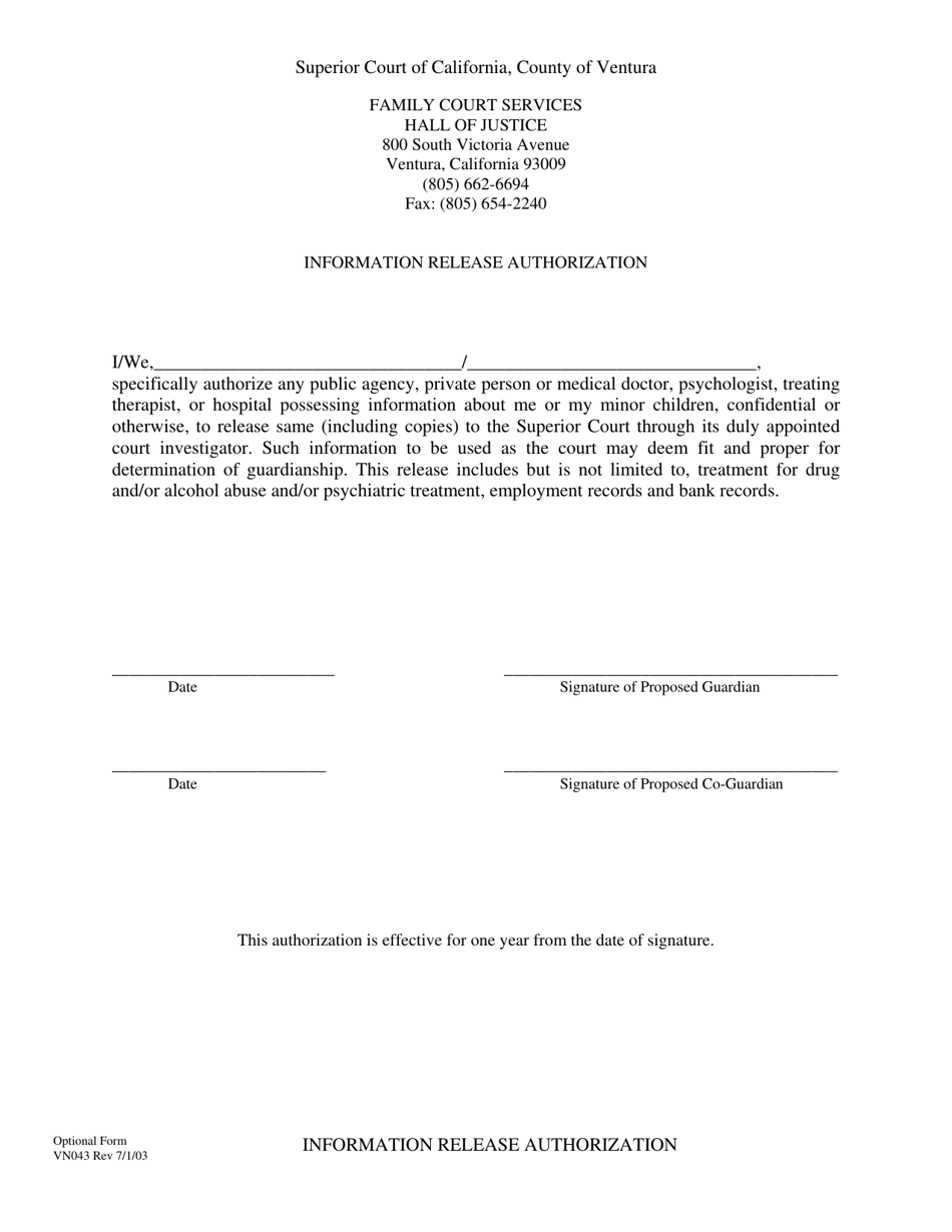 Form VN043 Information Release Authorization - County of Ventura, California, Page 1