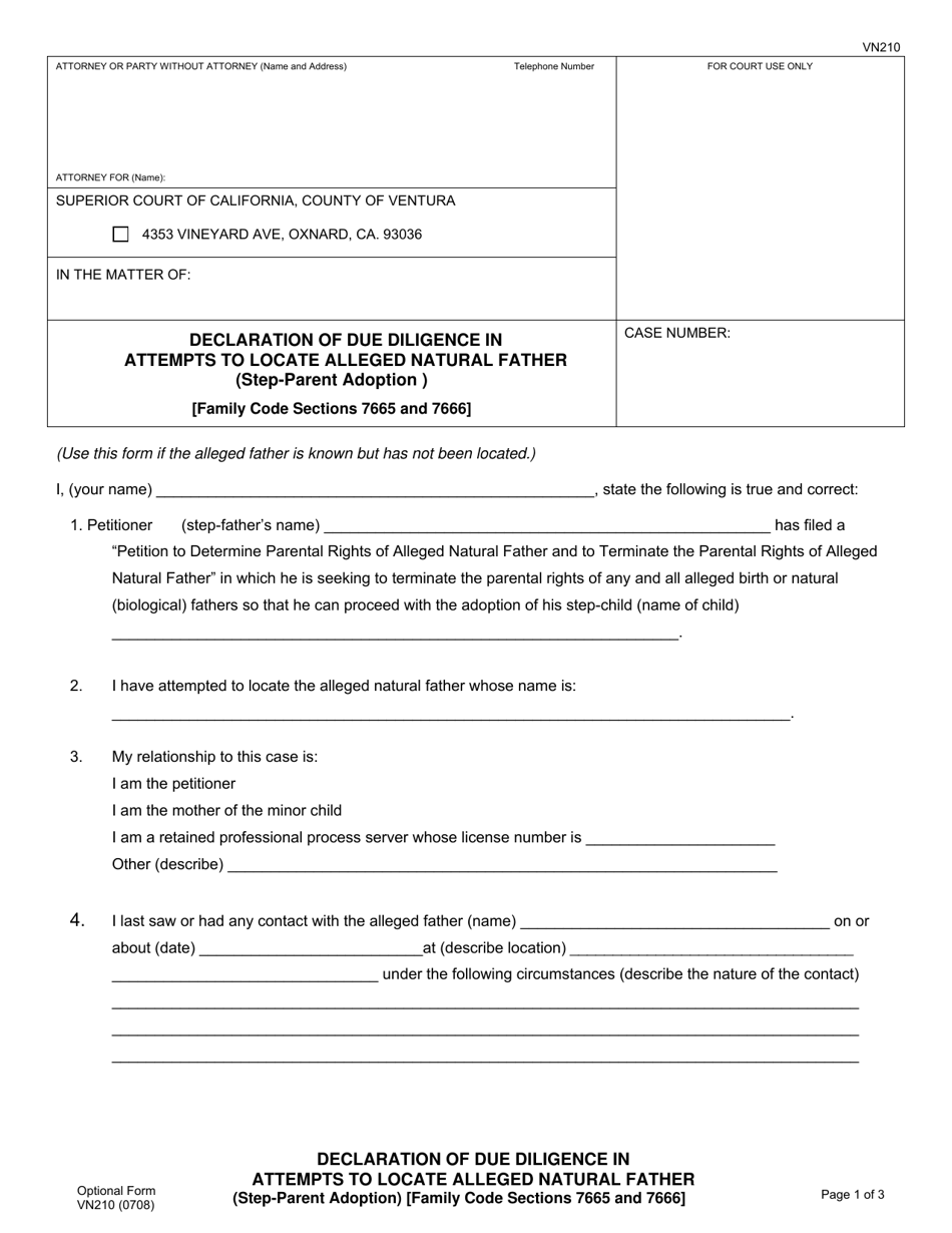 Form VN210 Declaration of Due Diligence in Attempts to Locate Alleged Natural Father (Step-Parent Adoption) - County of Ventura, California, Page 1