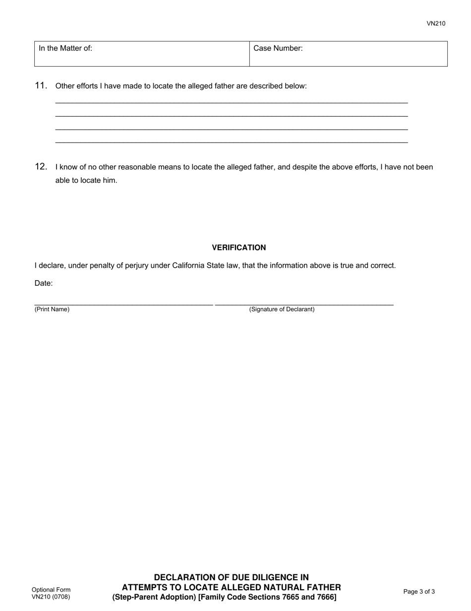 Form VN210 Declaration of Due Diligence in Attempts to Locate Alleged Natural Father (Step-Parent Adoption) - County of Ventura, California, Page 3