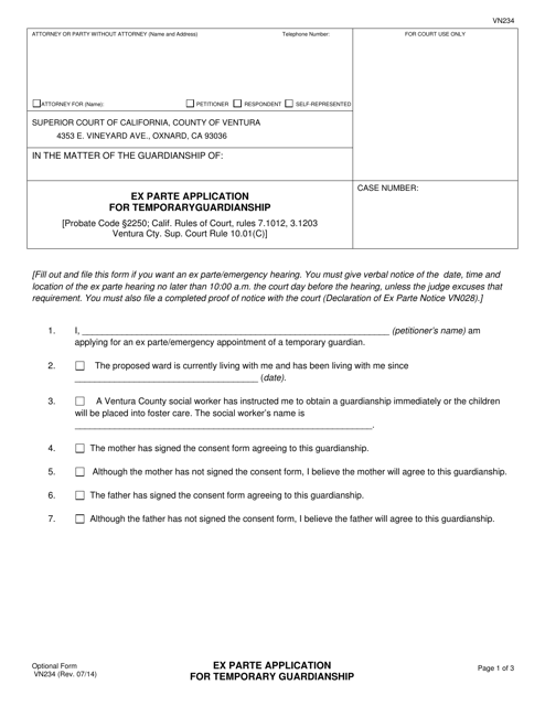 Form VN234 Ex Parte Application for Temporary Guardianship - County of Ventura, California