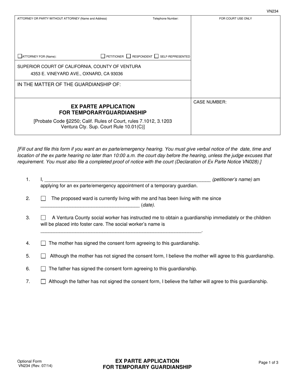 Form VN234 Ex Parte Application for Temporary Guardianship - County of Ventura, California, Page 1