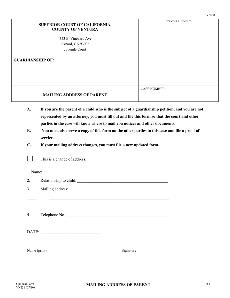 Form VN231 Mailing Address of Parent - County of Ventura, California, Page 1