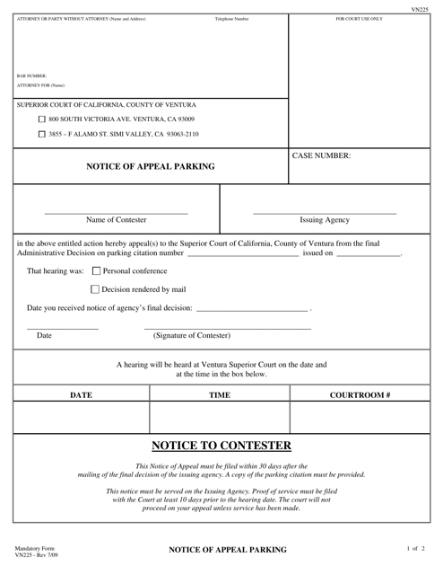 Form VN225 Notice of Appeal - Parking - County of Ventura, California