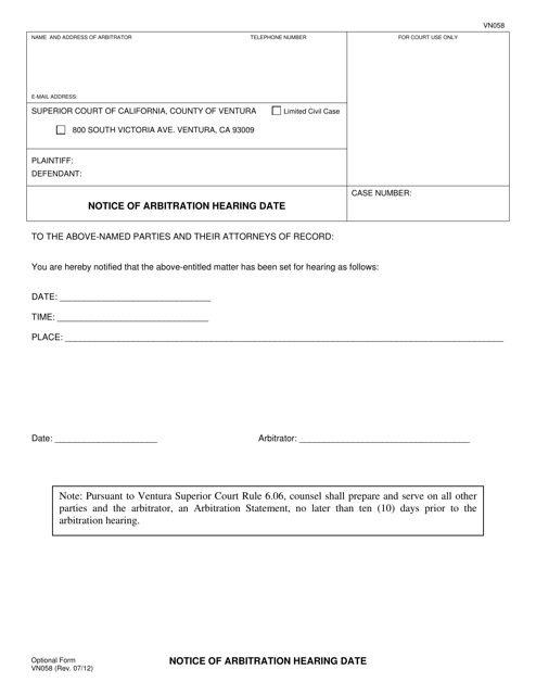Form VN058 Notice of Arbitration Hearing Date - County of Ventura, California