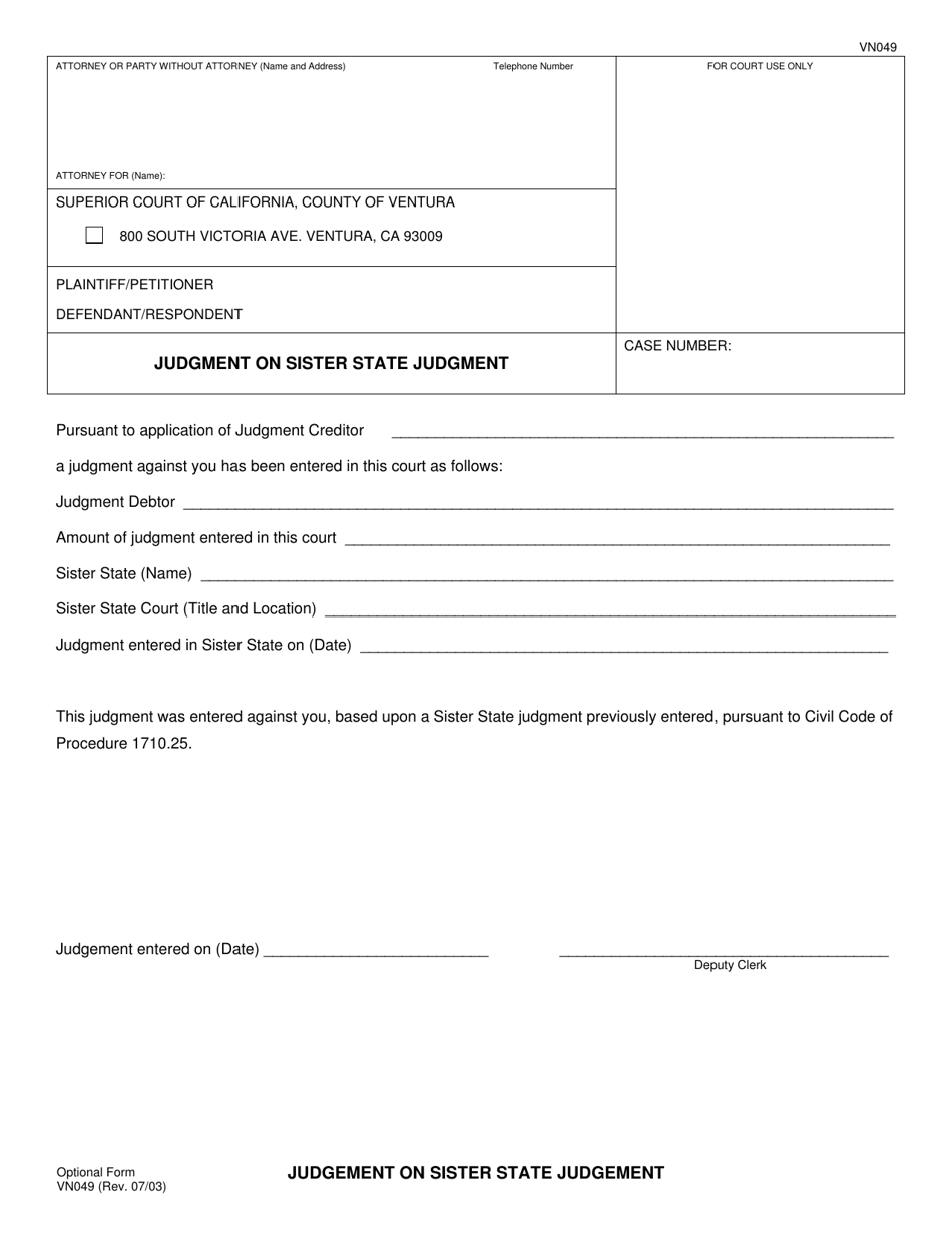 Form VN049 Judgment on Sister State Judgment - County of Ventura, California, Page 1