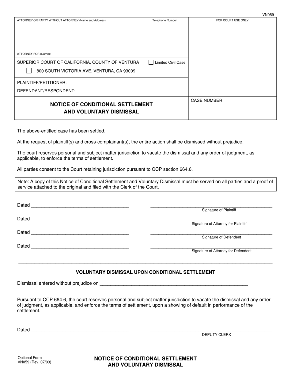 Form VN059 Notice of Conditional Settlement and Voluntary Dismissal - County of Ventura, California, Page 1
