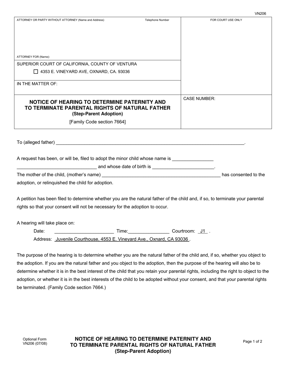 Form VN206 Notice of Hearing to Determine Paternity and to Terminate Parental Rights of Natural Father (Step-Parent Adoption) - County of Ventura, California, Page 1