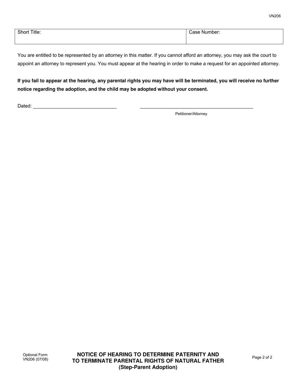 Form VN206 Notice of Hearing to Determine Paternity and to Terminate Parental Rights of Natural Father (Step-Parent Adoption) - County of Ventura, California, Page 2