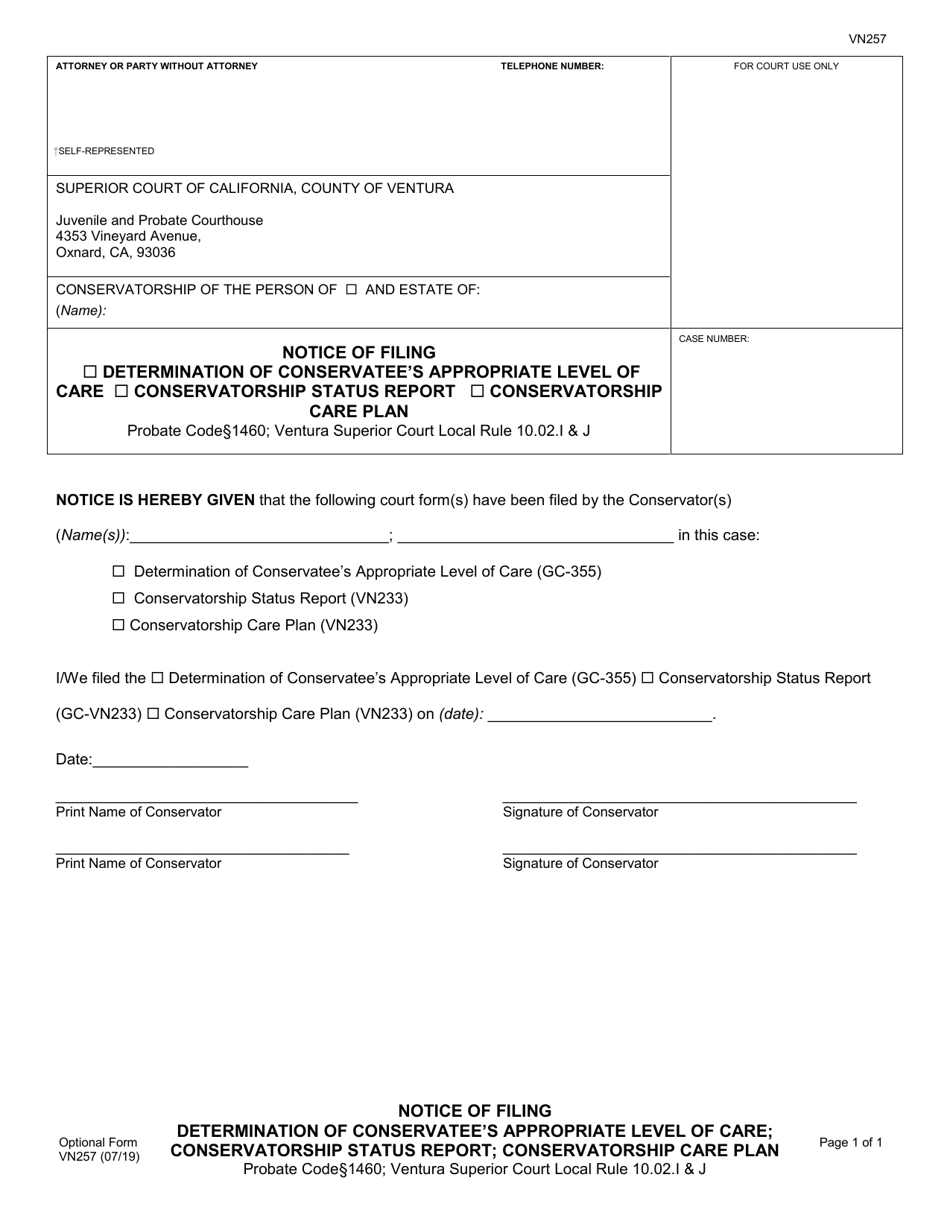 Form VN257 Notice of Filing: Determination of Conservatees Appropriate Level of Care; Conservatorship Status Report; Conservatorship Care Plan - County of Ventura, California, Page 1