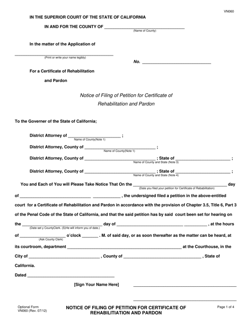 Form VN060 Notice of Filing of Petition for Certificate of Rehabilitation and Pardon - County of Ventura, California