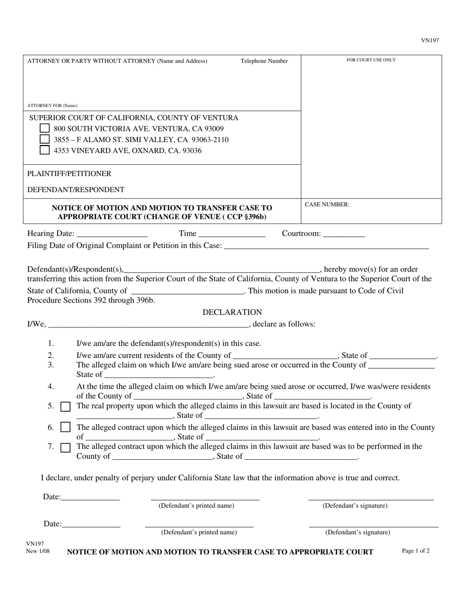 Form VN197 Notice of Motion and Motion to Transfer Case to Appropriate Court - County of Ventura, California, Page 1
