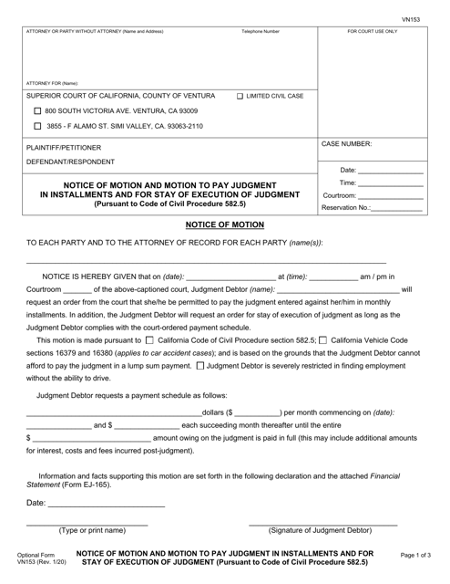 Form VN153 Notice of Motion and Motion to Pay Judgment in Installments and for Stay of Execution of Judgment - County of Ventura, California