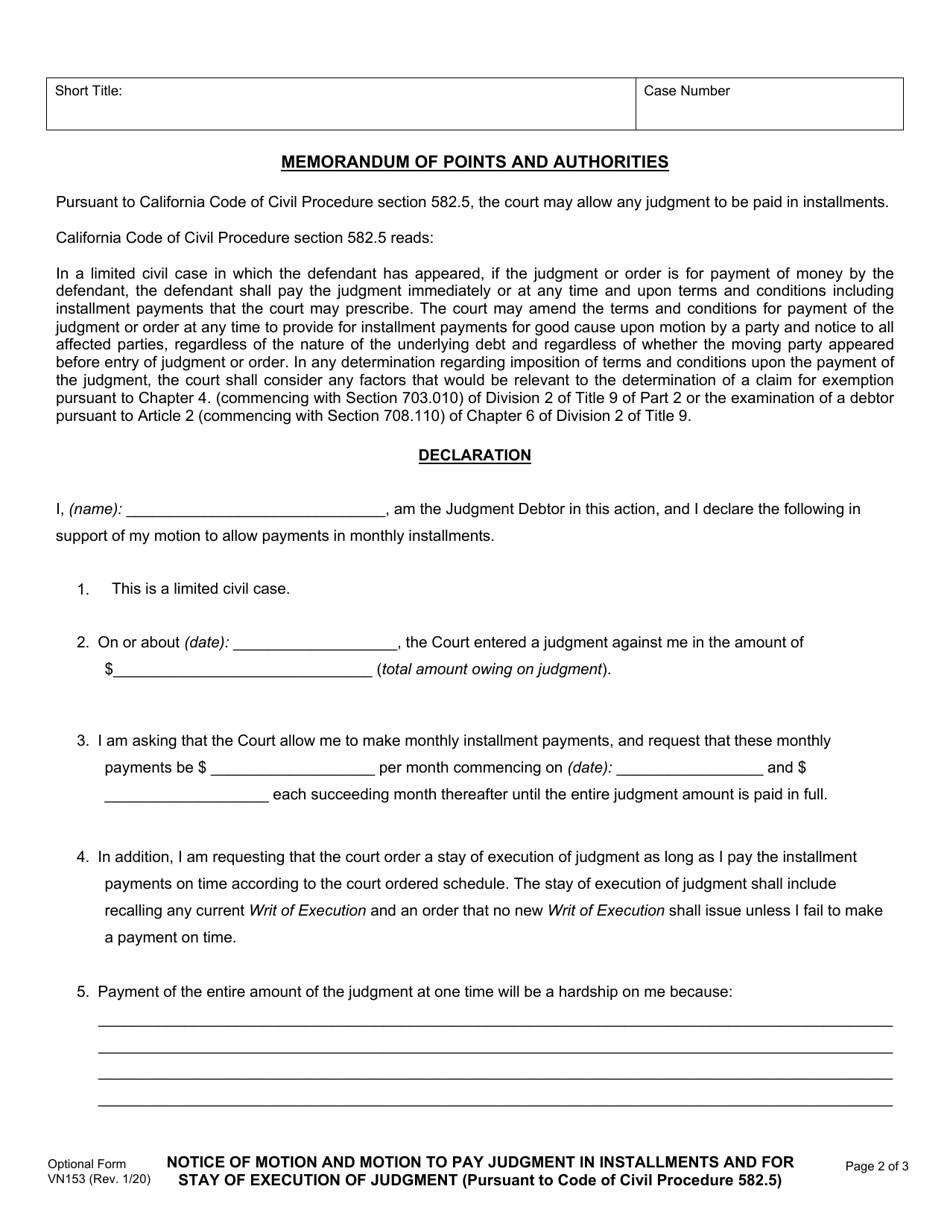 Form VN153 Notice of Motion and Motion to Pay Judgment in Installments and for Stay of Execution of Judgment - County of Ventura, California, Page 2