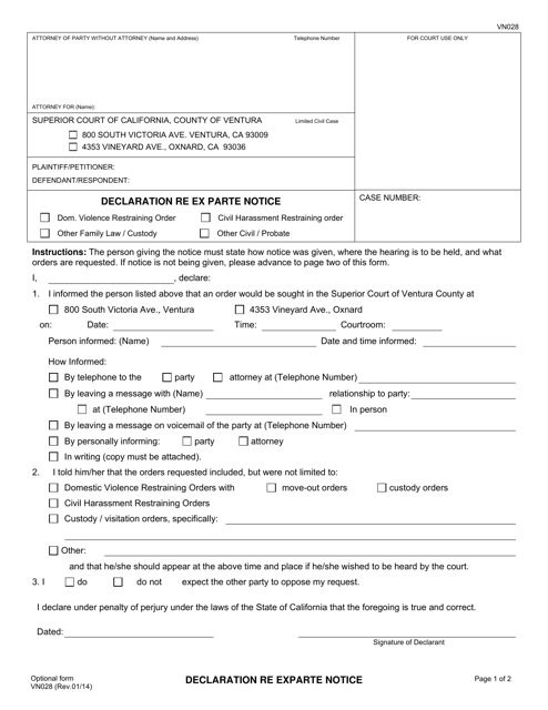 Form VN028 Declaration Re Ex Parte Notice - County of Ventura, California