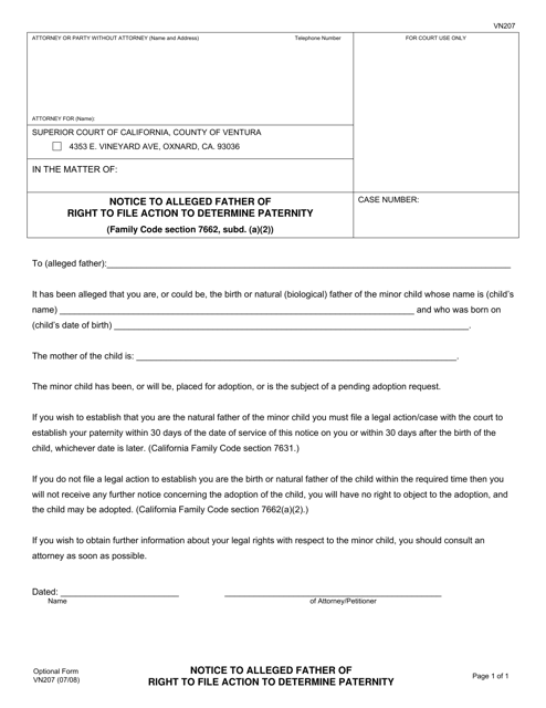 Form VN207 Notice to Alleged Father of Right to File Action to Determine Paternity - County of Ventura, California
