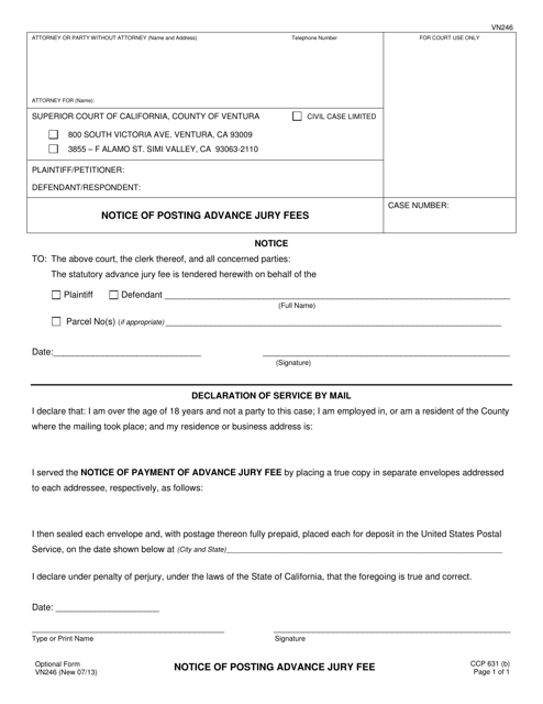 Form VN246 Notice of Posting Advance Jury Fees - County of Ventura, California