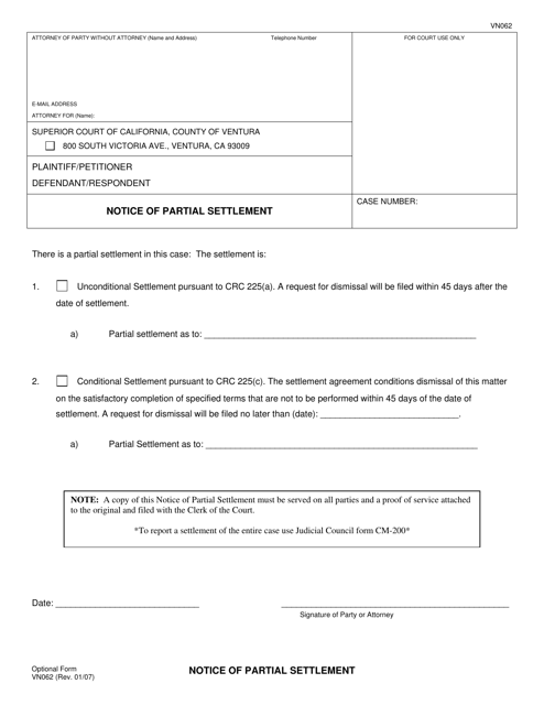 Form VN062 Notice of Partial Settlement - County of Ventura, California