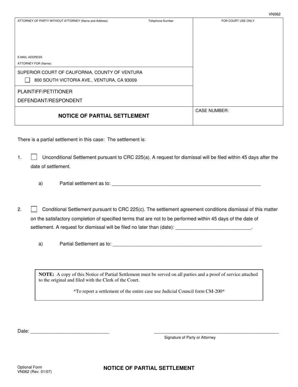Form VN062 Notice of Partial Settlement - County of Ventura, California, Page 1