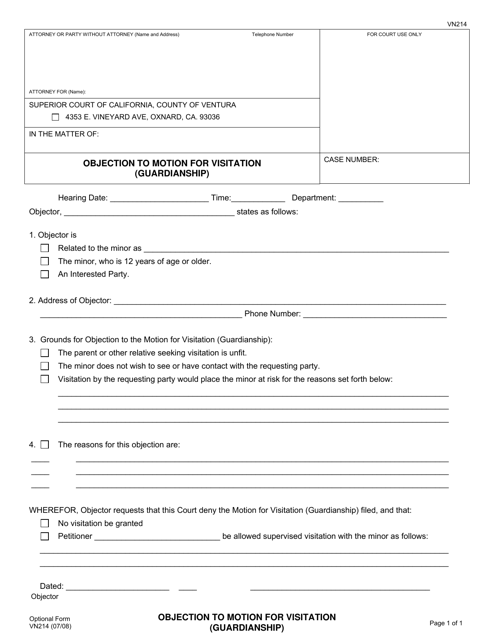 Form VN214 Objection to Motion for Visitation (Guardianship) - County of Ventura, California