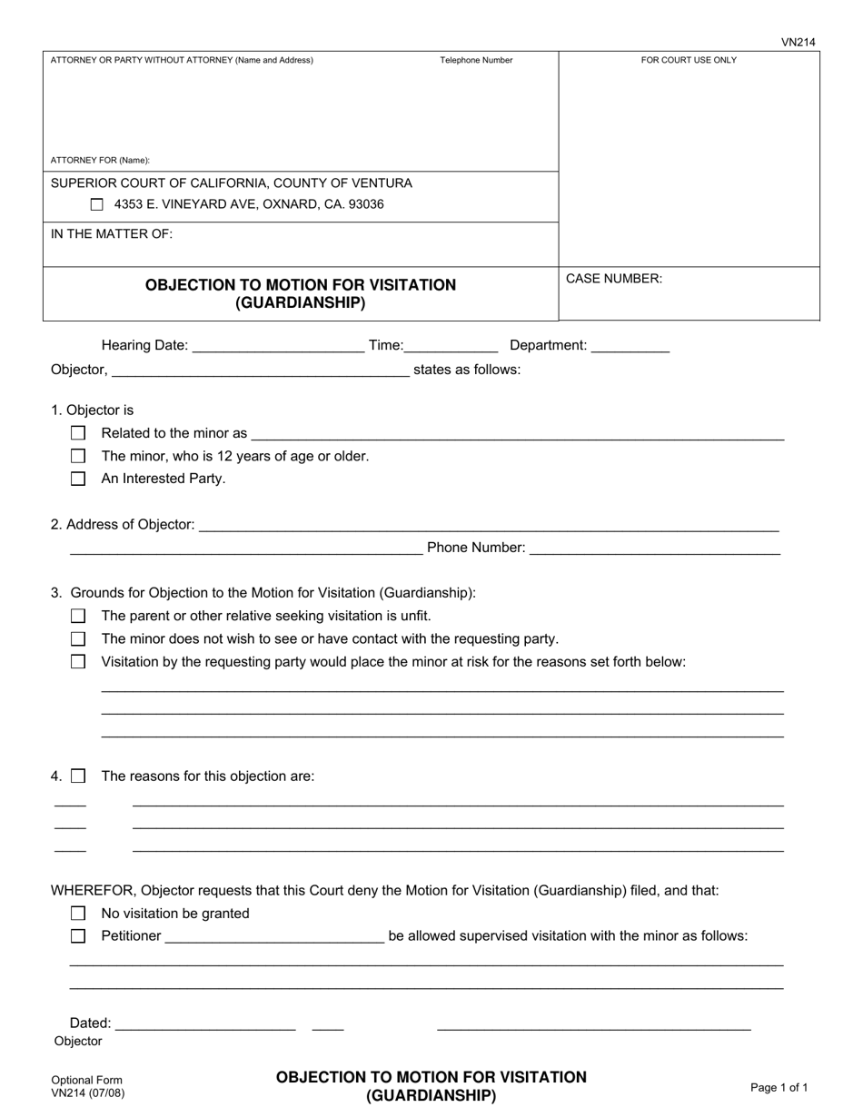 Form VN214 Objection to Motion for Visitation (Guardianship) - County of Ventura, California, Page 1