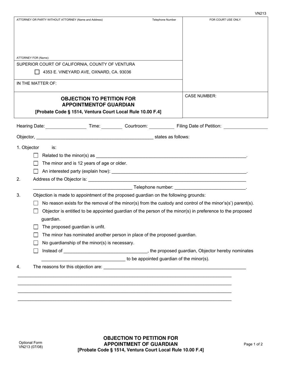 Form VN213 Objection to Petition for Appointment of Guardian (Probate Code 1514, Ventura Court Local Rule 10.00 F.4) - County of Ventura, California, Page 1