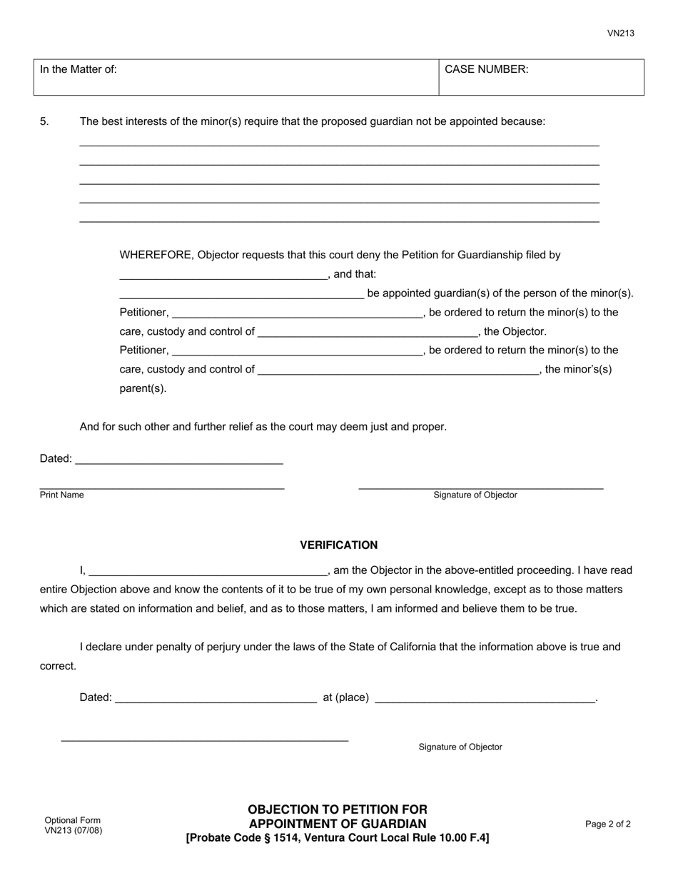 Form VN213 - Fill Out, Sign Online and Download Fillable PDF, County of ...