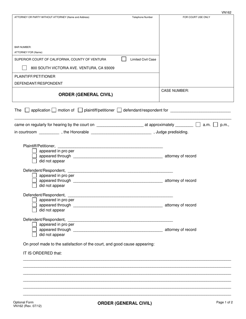 Form VN162 Order (General Civil) - County of Ventura, California, Page 1