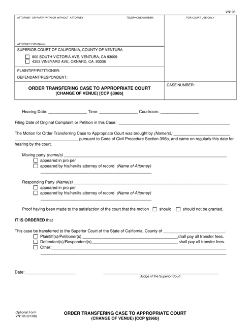 Form VN198 Order Transferring Case to Appropriate Court - County of Ventura, California