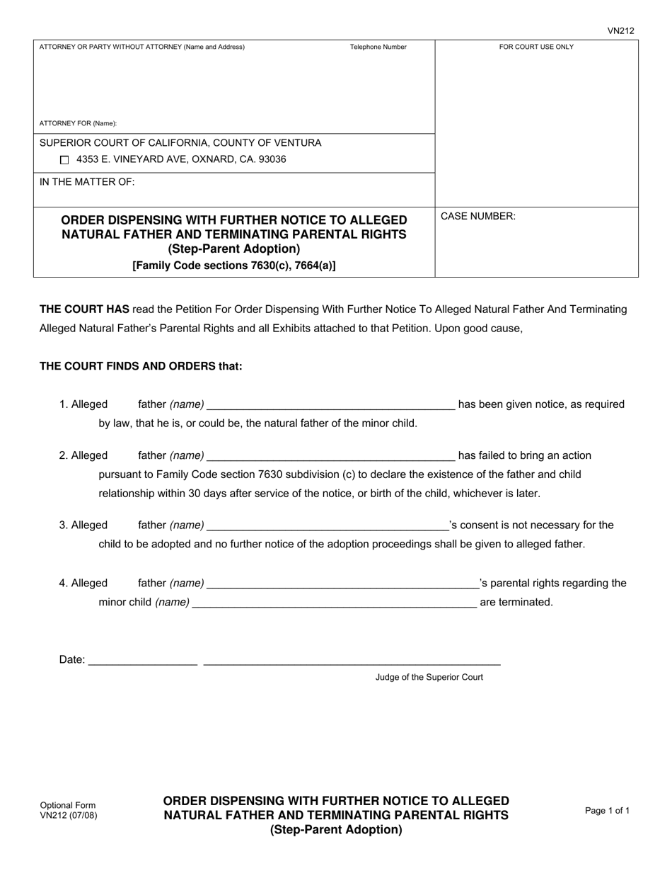 Form VN212 Order Dispensing With Further Notice to Alleged Natural Father and Terminating Parental Rights (Step-Parent Adoption) - County of Ventura, California, Page 1