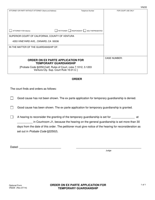 Form VN235 Order on Ex Parte Application for Temporary Guardianship - County of Ventura, California
