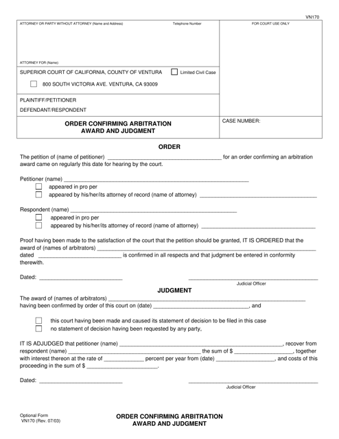 Form VN170 Order Confirming Arbitration Award and Judgment - County of Ventura, California