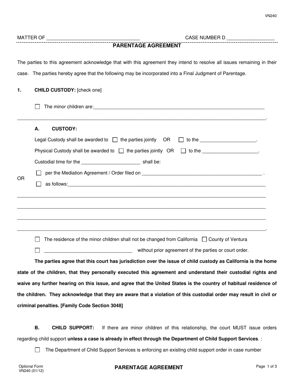 Form VN240 Parentage Agreement - County of Ventura, California, Page 1