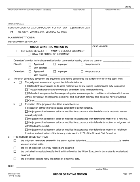 Form VN148 Order Granting Motion for Order Setting Aside/Vacating Default/Staying Execution of Judgment (Civil) - County of Ventura, California