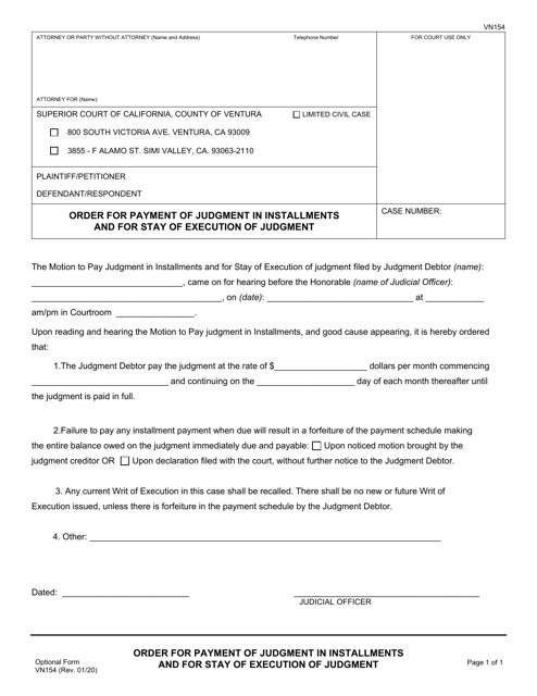Form VN154 Order for Payment of Judgment in Installments and for Stay of Execution of Judgment - County of Ventura, California