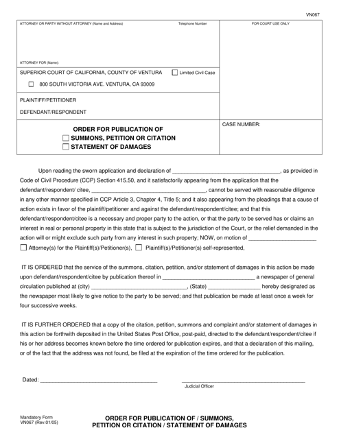 Form VN067 Order for Publication of Summons, Petition or Citation/Statement of Damages - County of Ventura, California