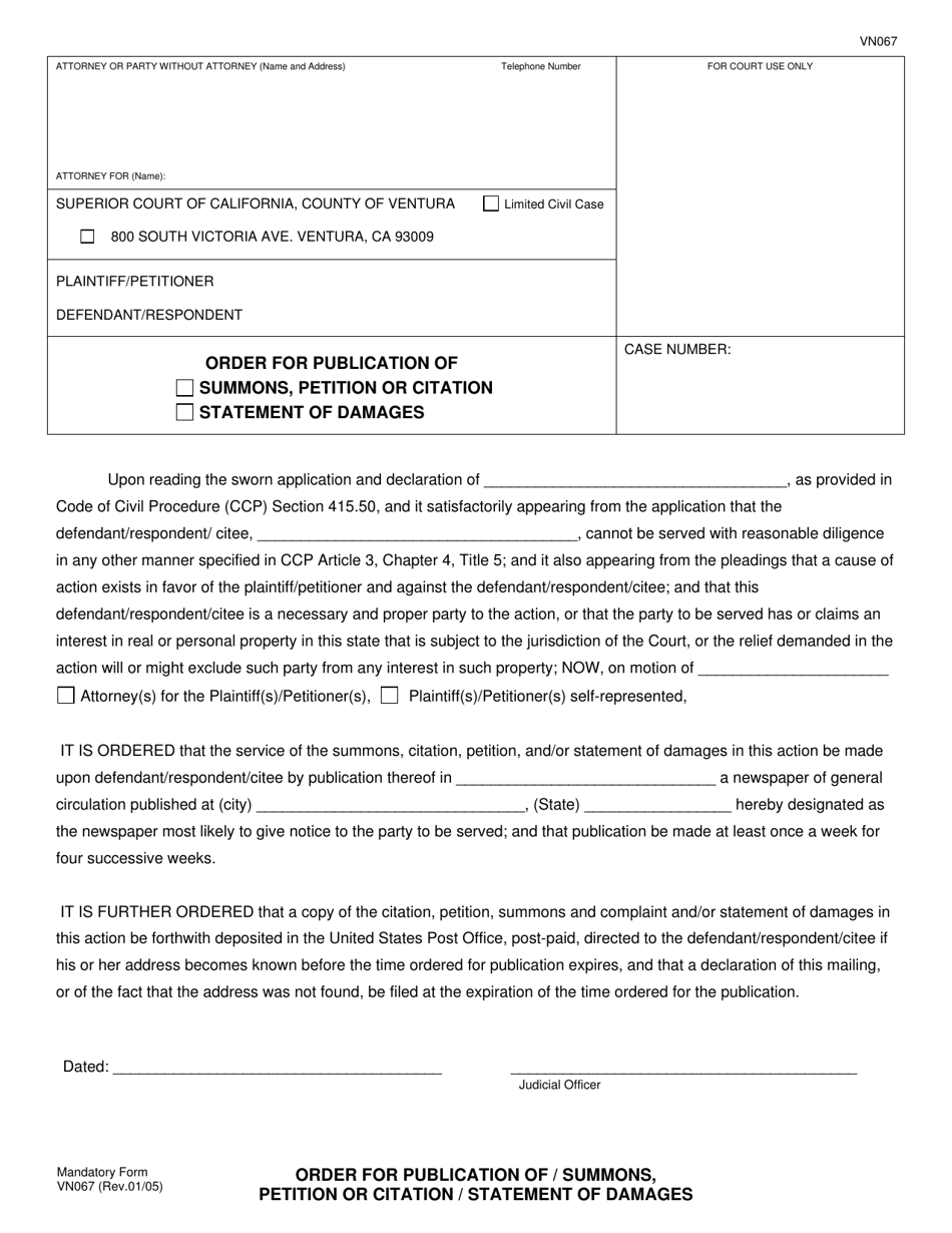 Form VN067 Order for Publication of Summons, Petition or Citation / Statement of Damages - County of Ventura, California, Page 1