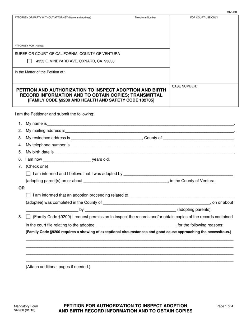 Form VN200 Petition for Authorization to Inspect Adoption and Birth Record Information and to Obtain Copies - County of Ventura, California, Page 1