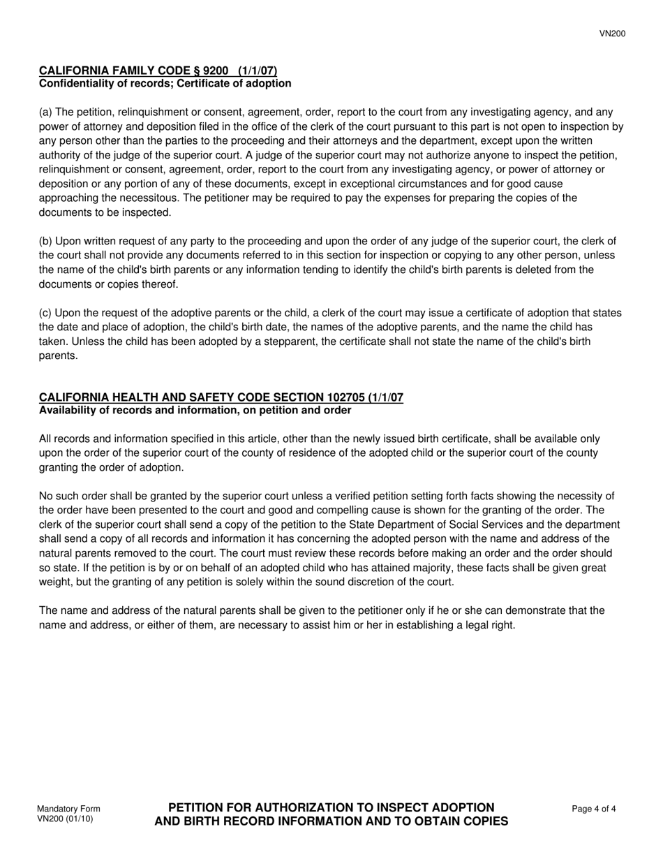 Form VN200 Petition for Authorization to Inspect Adoption and Birth Record Information and to Obtain Copies - County of Ventura, California, Page 4