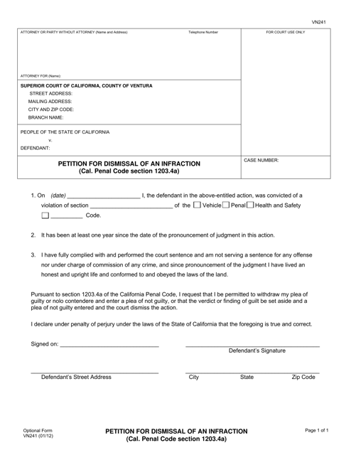 Form VN241 Petition for Dismissal of an Infraction - County of Ventura, California
