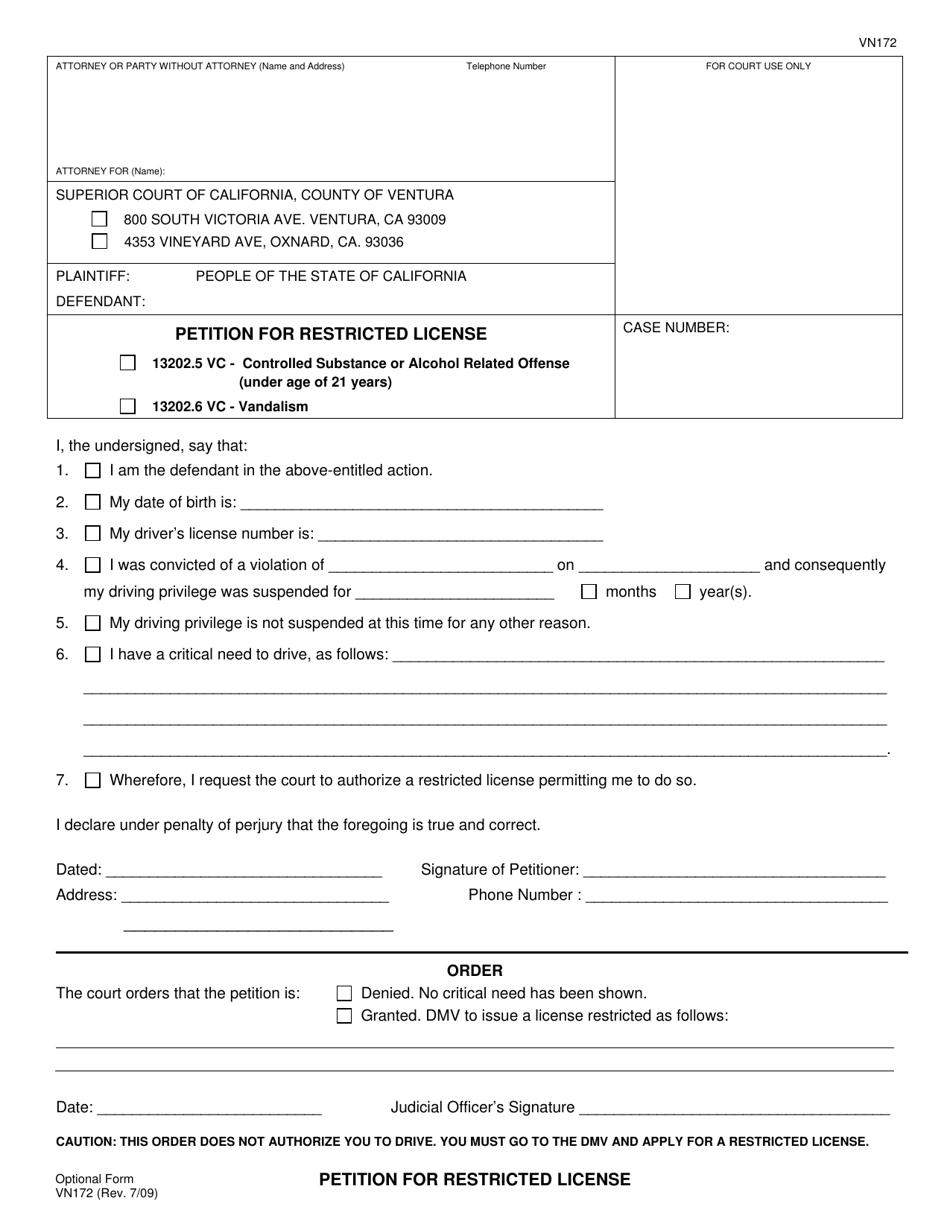 Form VN172 Petition for Restricted License (Adult) - County of Ventura, California, Page 1