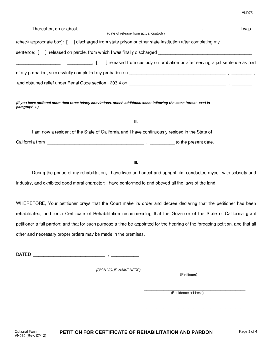 Form VN075 Petition for Certificate of Rehabilitation and Pardon - County of Ventura, California, Page 3