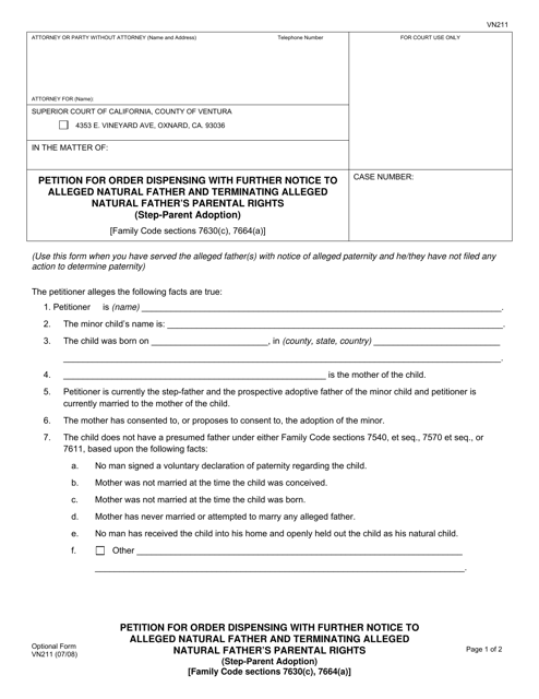 Form VN211 Petition for Order Dispensing With Further Notice to Alleged Natural Father and Terminating Alleged Natural Father's Parental Rights (Step-Parent Adoption) - County of Ventura, California