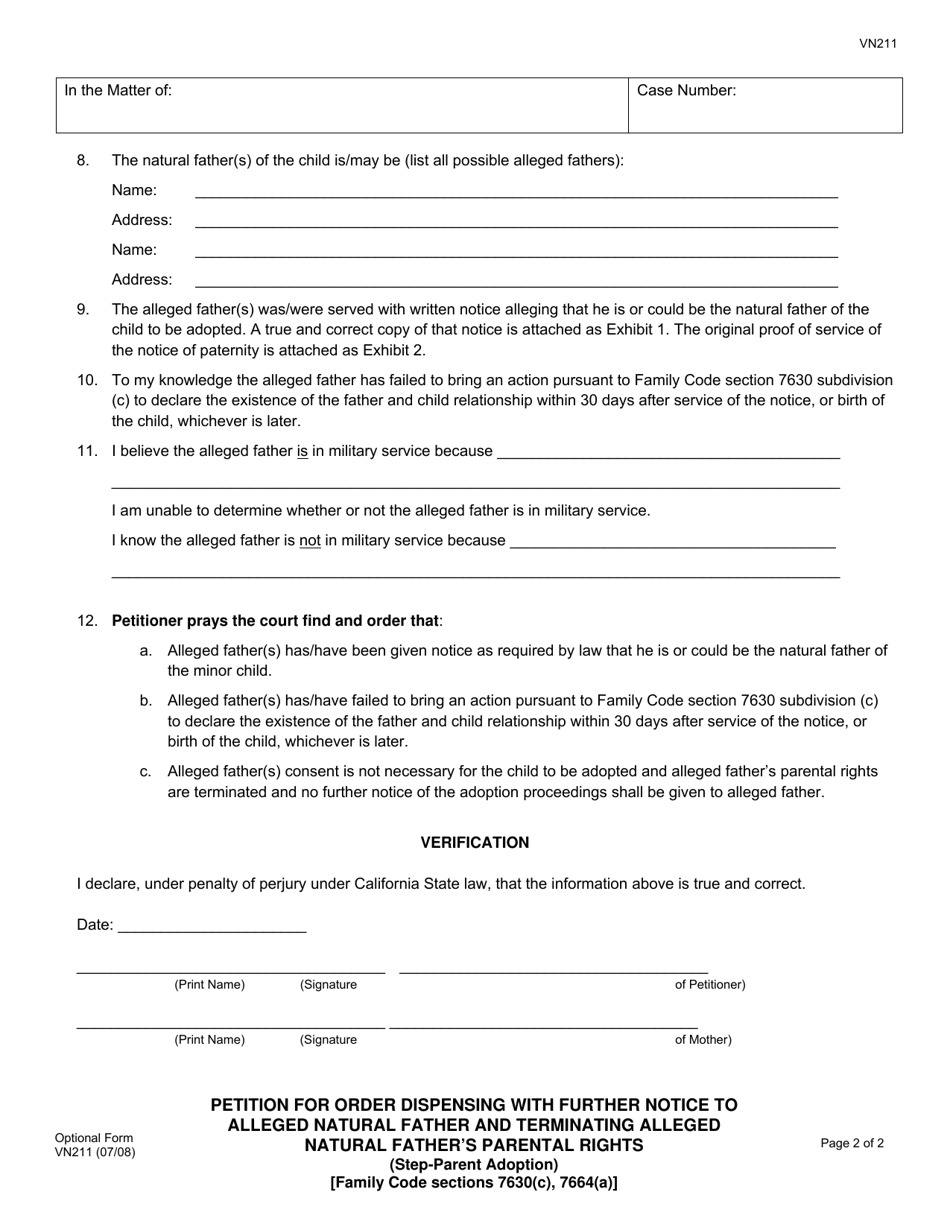 Form VN211 Petition for Order Dispensing With Further Notice to Alleged Natural Father and Terminating Alleged Natural Fathers Parental Rights (Step-Parent Adoption) - County of Ventura, California, Page 2