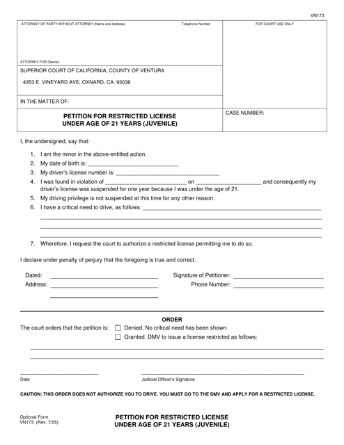 Form VN173 Petition for Restricted License Under Age of 21 Years (Juvenile) - County of Ventura, California