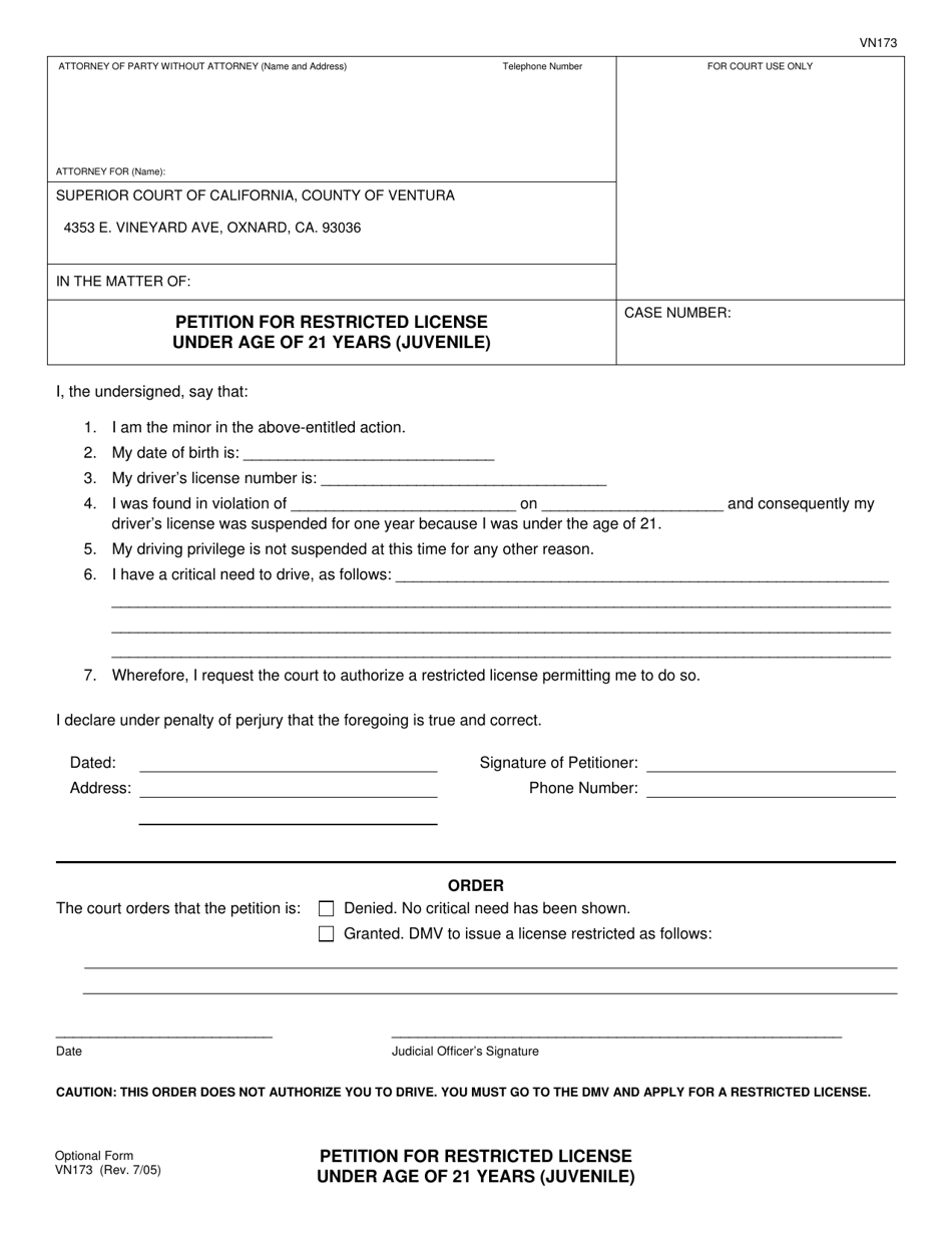 Form VN173 Petition for Restricted License Under Age of 21 Years (Juvenile) - County of Ventura, California, Page 1