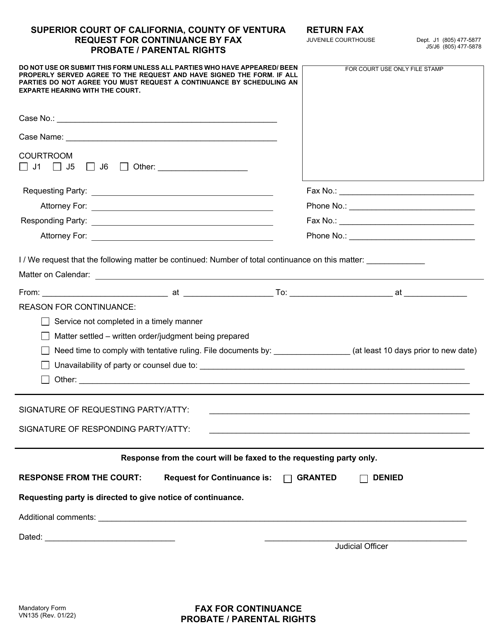 Form VN135 Request for Continuance by Fax - Probate/Parental Rights - County of Ventura, California