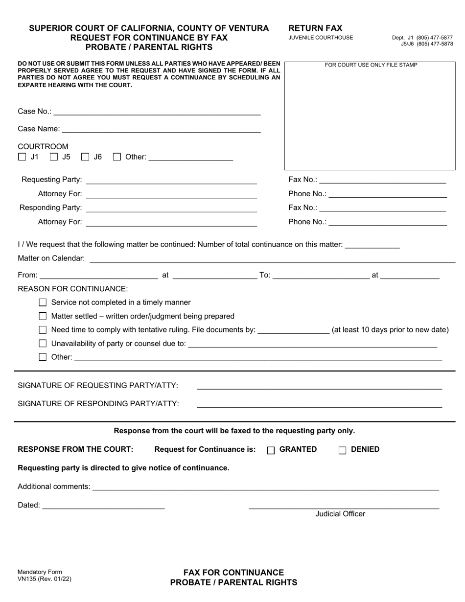 Form VN135 Request for Continuance by Fax - Probate / Parental Rights - County of Ventura, California, Page 1